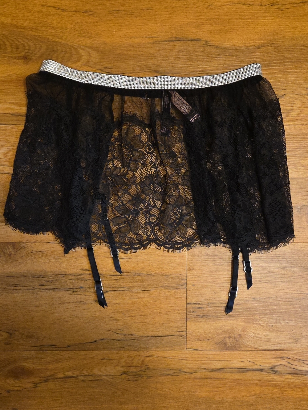 Victoria's Secret Black Lace Garter Skirt with Rhinestone Waistband